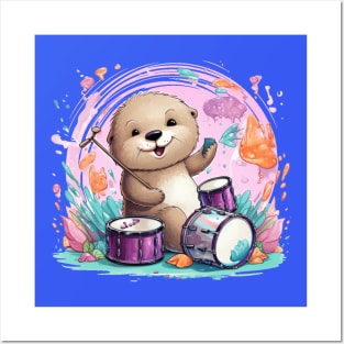 Cute Sea Otter playing drums Posters and Art